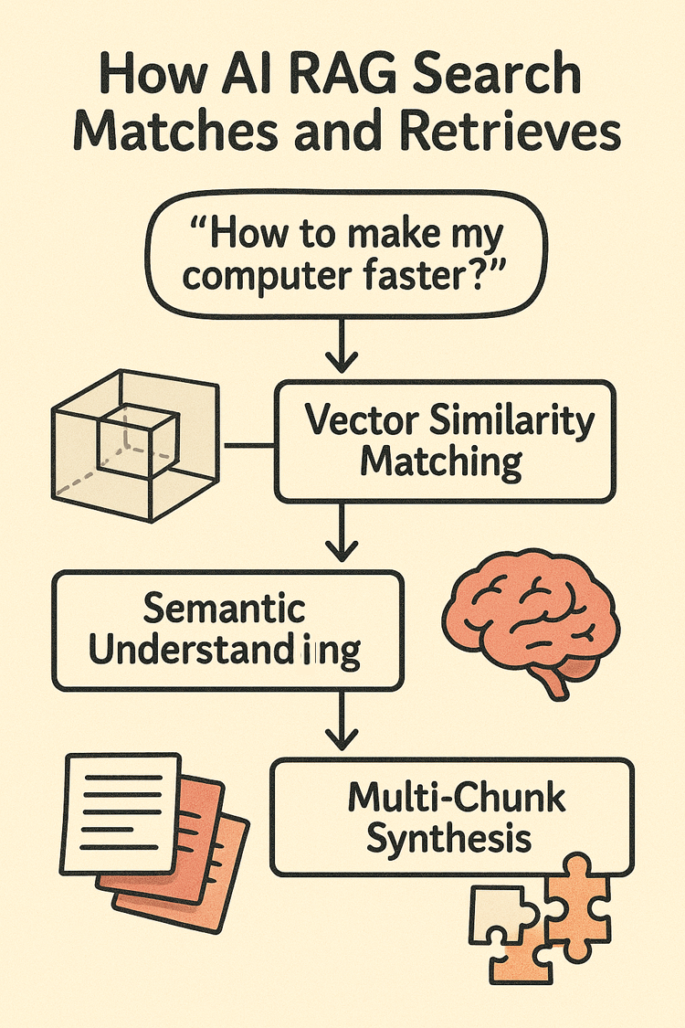 The work flow of how AI understand user queries: vector similarity matching, semantic understanding, and multi chunk sythesis